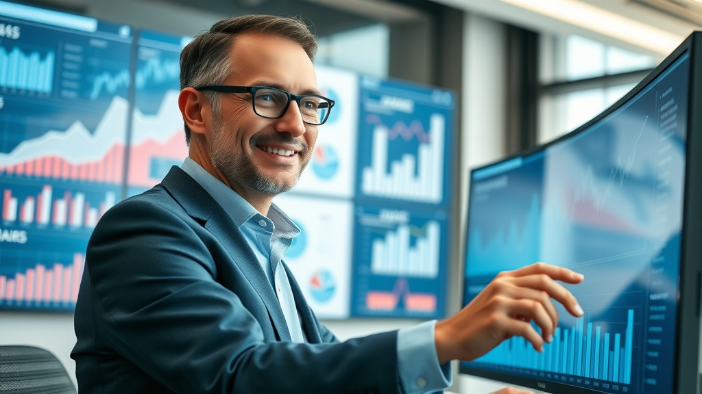 content marketer analyzing digital dashboard showing KPIs and metrics