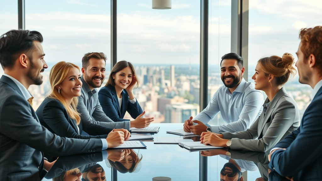 professional corporate team collaborating around a conference table, discussing B2B reputation management strategies, modern office, panoramic cityscape backdrop