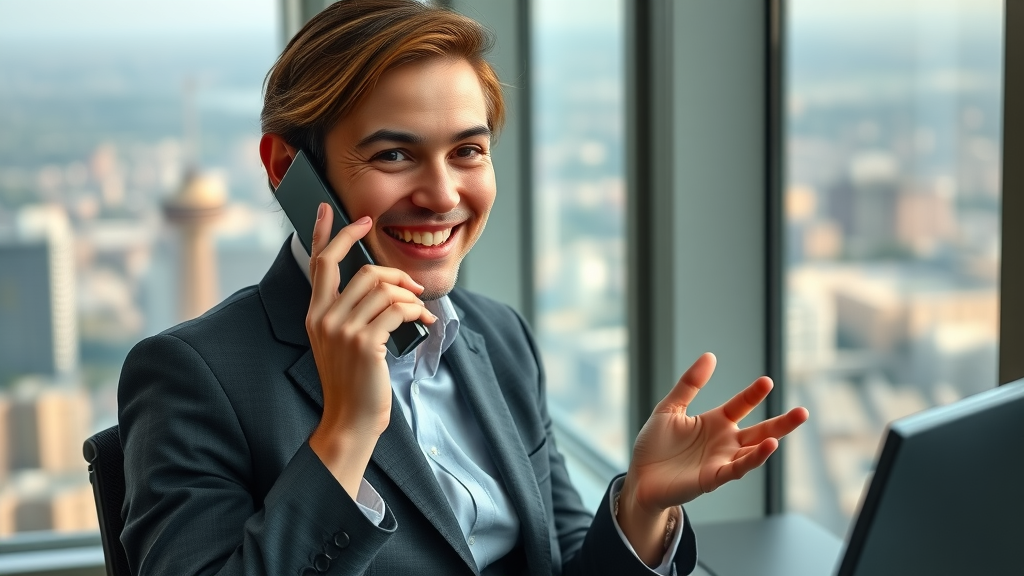 Confident B2B cold calling sales rep warm introduction city office view