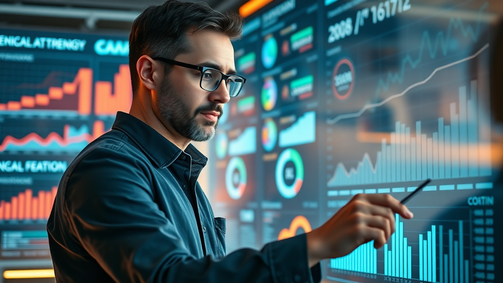 Analytical B2B marketer reviewing lead generation KPIs and analytics on futuristic dashboards