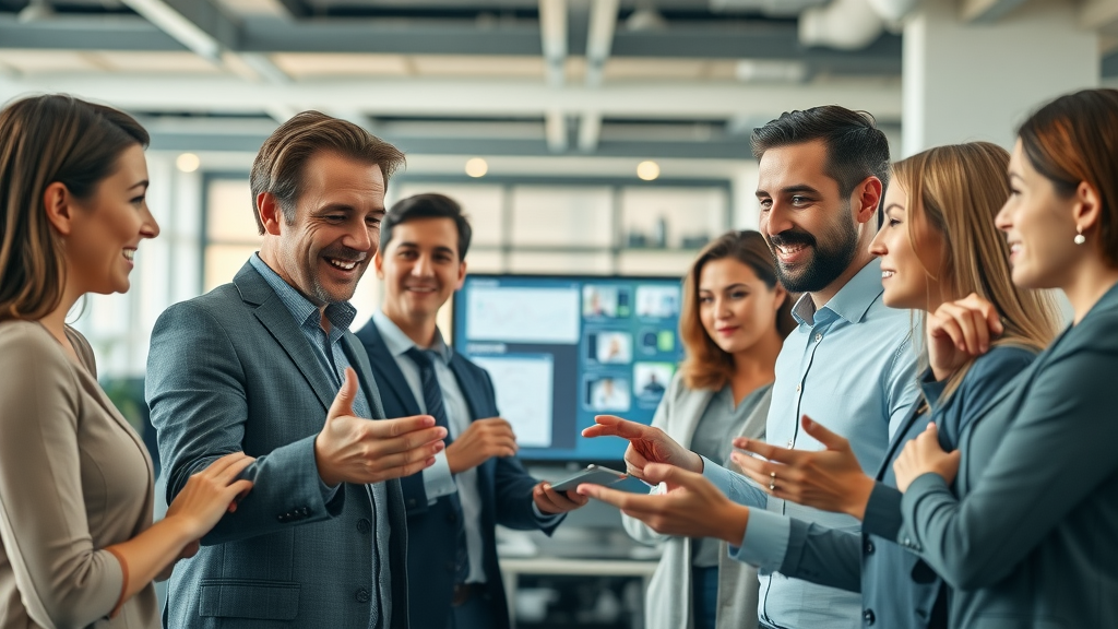 Productive sales and marketing team collaborating on B2B customer acquisition. Open-plan office, positive interaction around digital screens and CRM system.