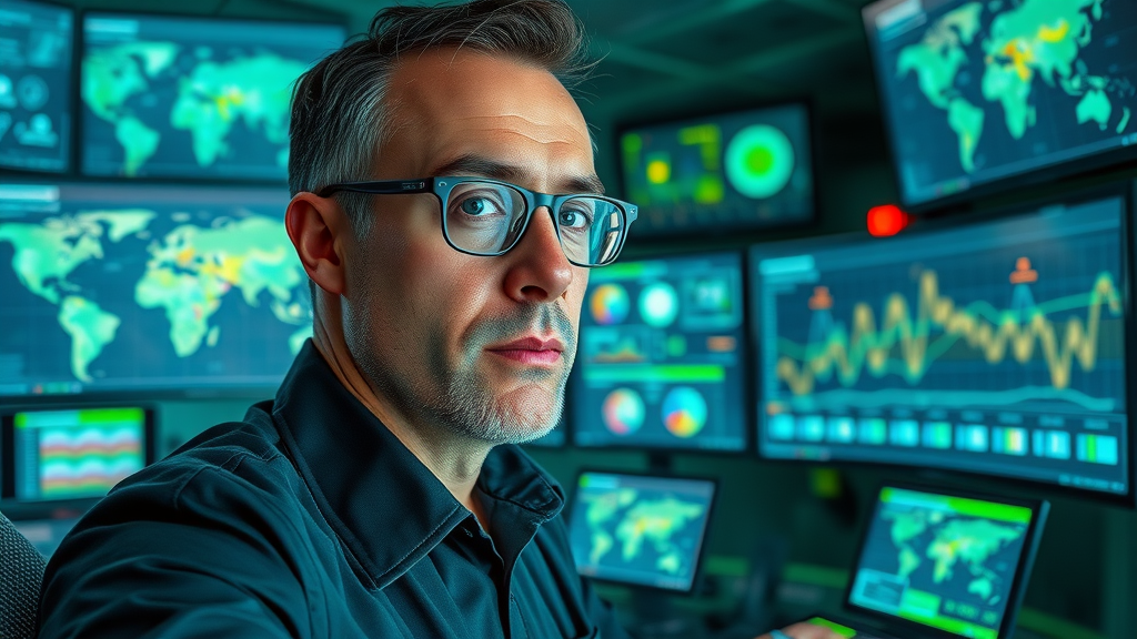 Brand reputation expert monitoring real-time sentiment analysis across multiple devices in a digital command center, reputation management