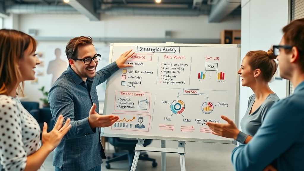 Marketing strategist highlighting audience pain points for B2B social media campaign on digital whiteboard.