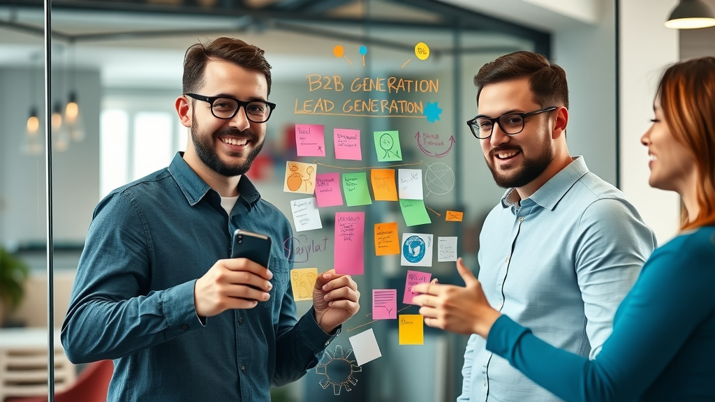 motivated entrepreneur team discussing b2b lead generation strategy on glass board, colorful brainstorming in startup office
