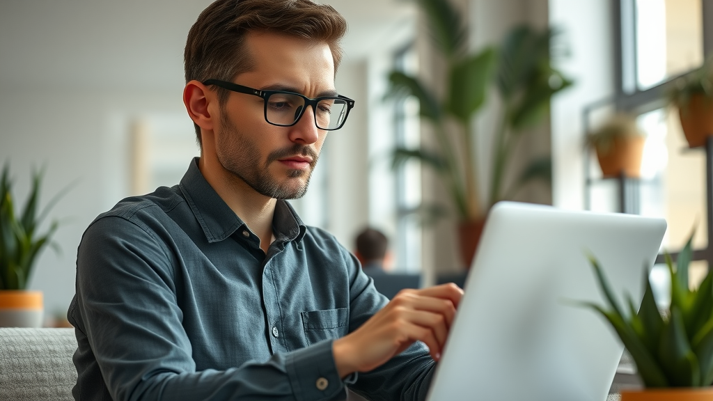 focused professional reading online client feedback to align B2B brand voice