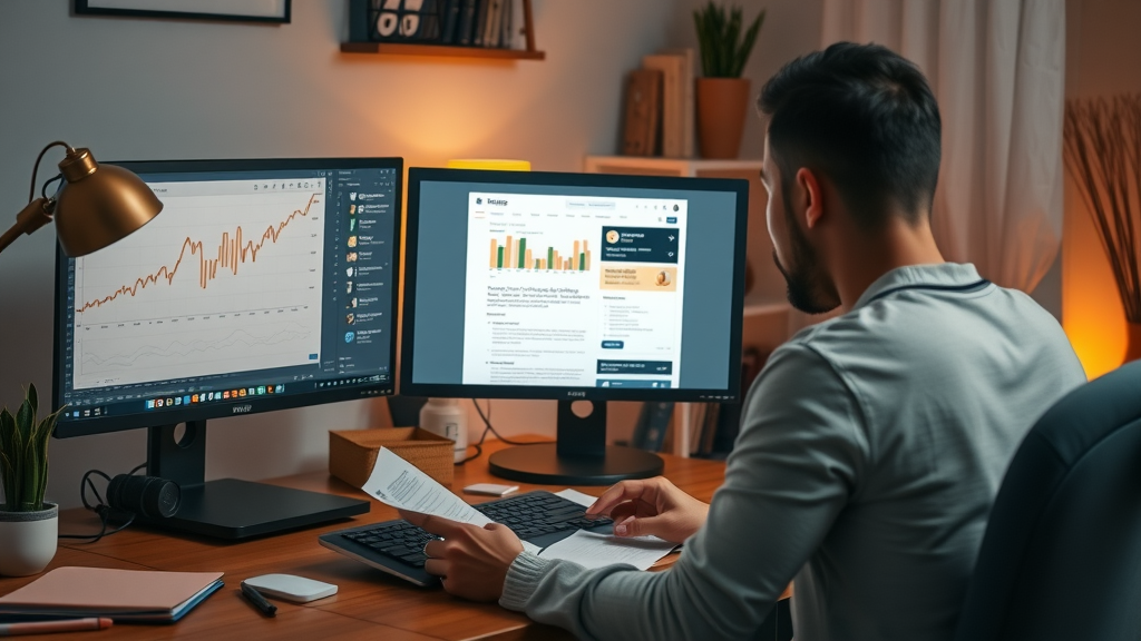 Content marketing strategies with a focused writer crafting effective content at a workspace with analytics on screen