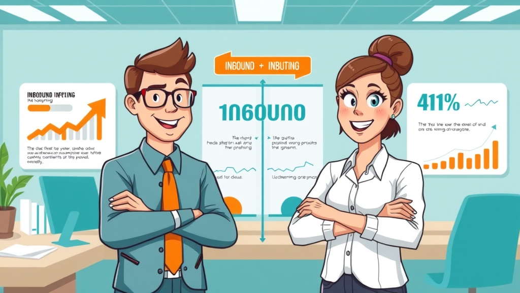 inbound vs outbound marketing comparison infographic, contrasting arrows and data visuals
