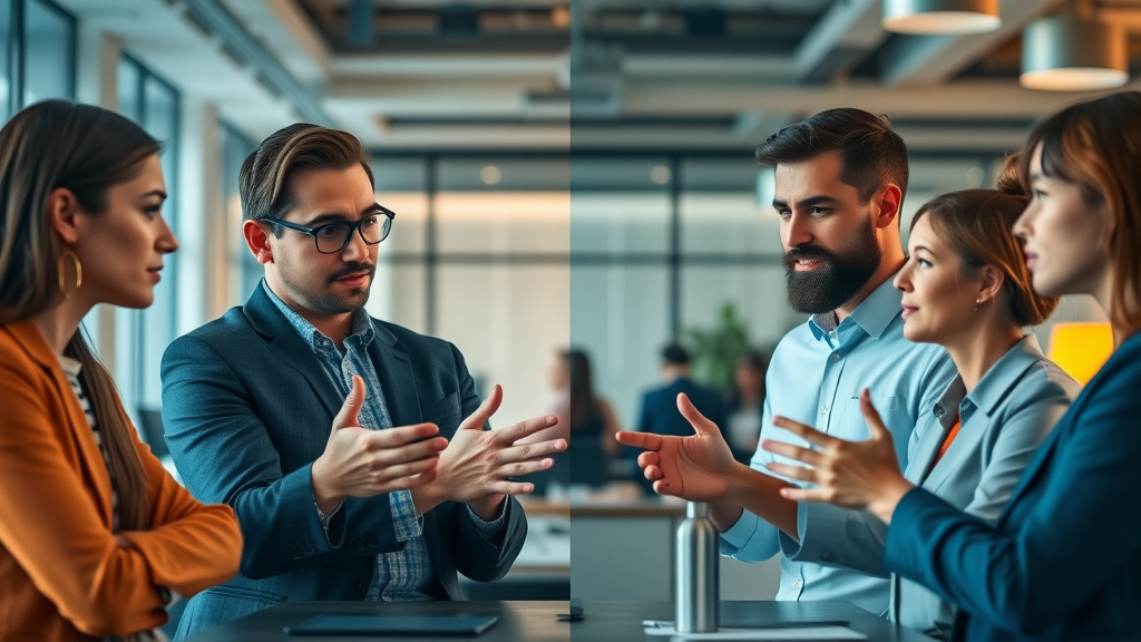 contrasted business teams comparing B2B and B2C social media strategy in digital campaign boardroom