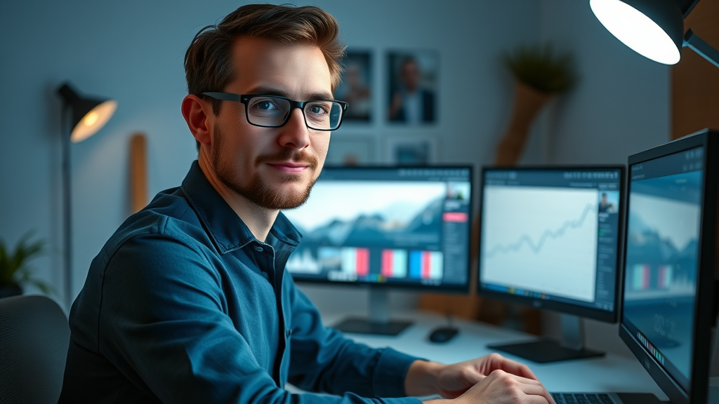 Confident content creator analyzing social media metrics using content creation tips