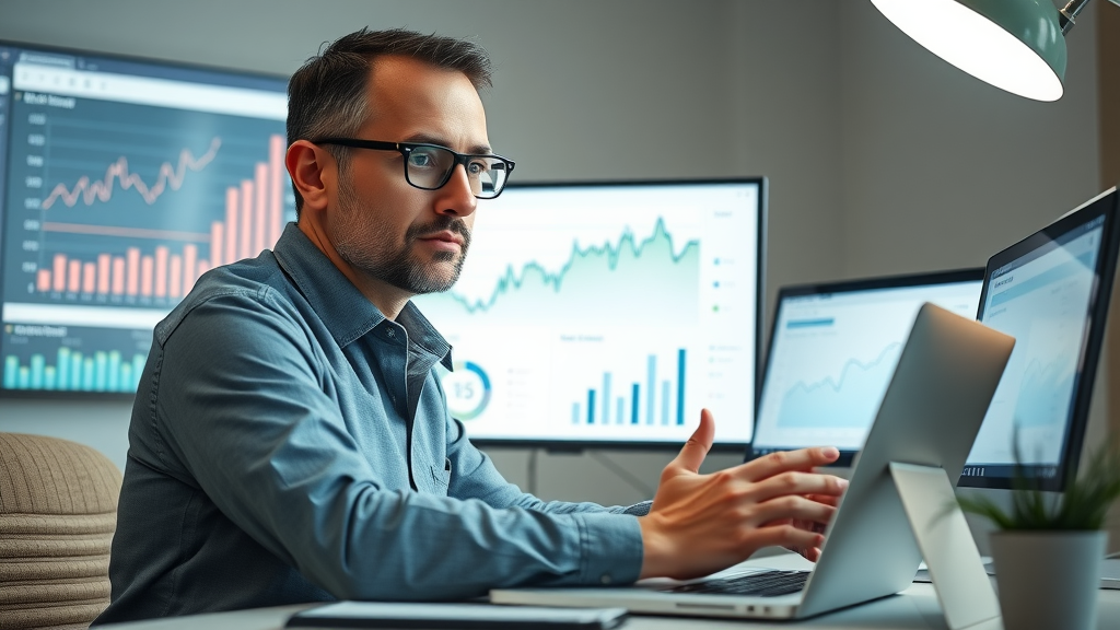 Data analyst reviewing B2B marketing performance dashboard with key metrics and trend charts in high-tech workspace.