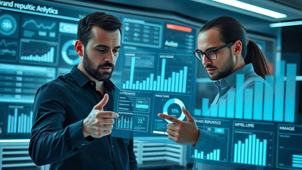Team viewing brand reputation analytics dashboard with data visualizations