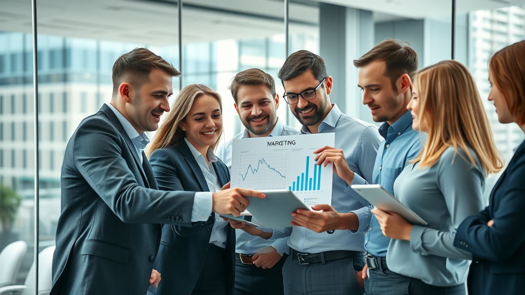 B2B marketing strategies - Dynamic group of business professionals collaborating in a modern office, discussing marketing charts and digital tablets.