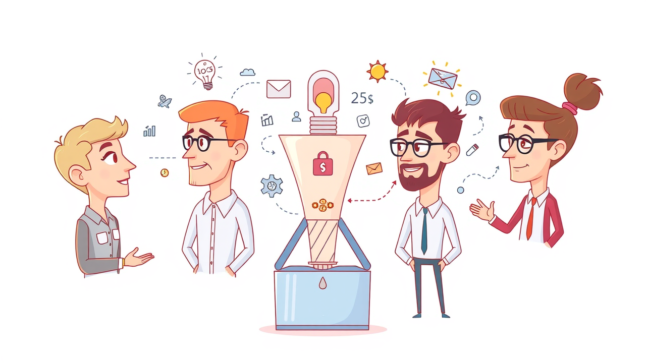 infographic of b2b lead generation and sales funnel terminology for lead gen, with business icons visually depicting process