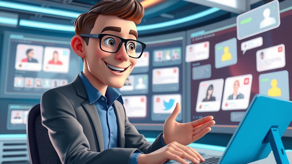 Social media manager responding to client inquiries and reviews on a futuristic social media dashboard, reputation marketing tactics