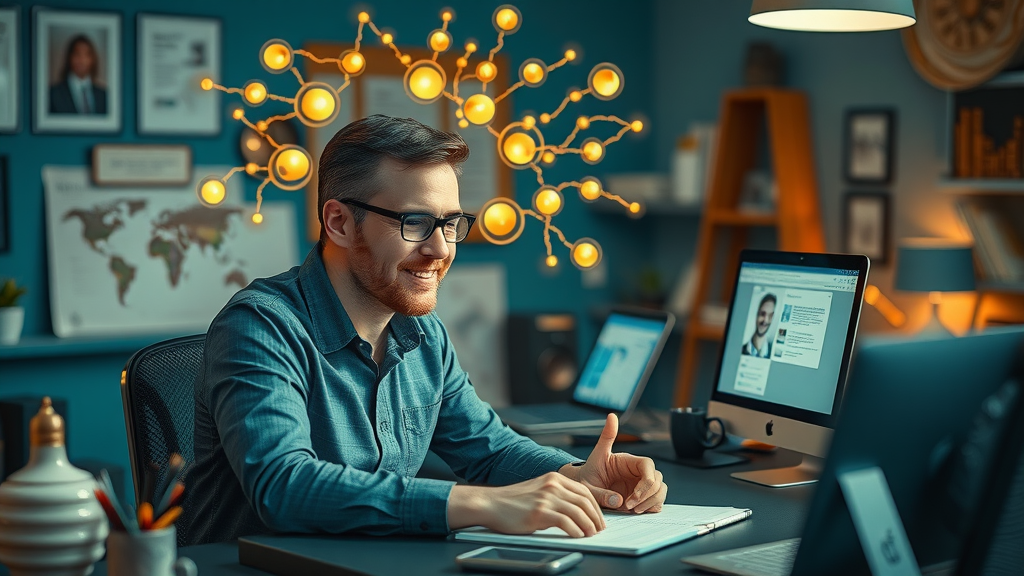 marketer brainstorming content marketing ideas for b2b lead gen using digital devices and creative workspace