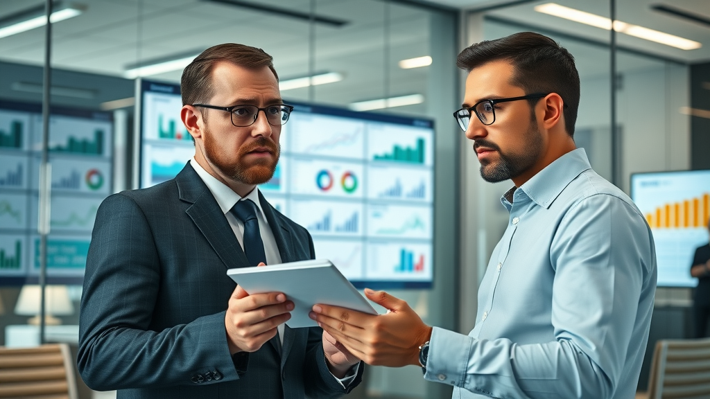 impactful business decision-makers analyzing digital data and review statistics in a modern office, reflecting on online reputation strategies