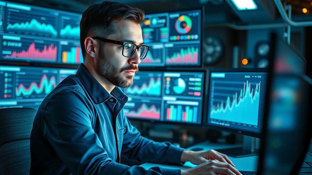 search engine strategy B2B: dedicated SEO specialist reviewing analytics in a futuristic command center