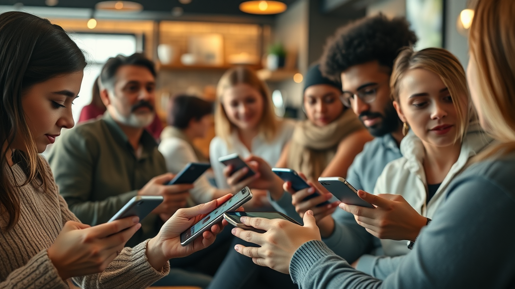 people using mobile devices to view social media ad formats—video, carousel, stories—in a coffee shop; social media advertising engagement