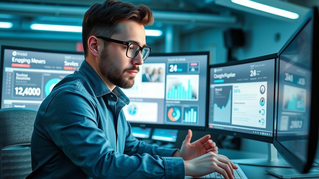 Modern web designer creating engaging B2B landing page. Futuristic workstation with A/B test results and conversion metrics displayed.