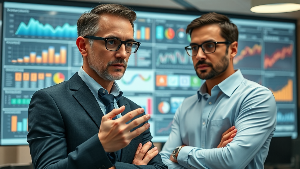 Insightful infographic of B2B customer acquisition process, corporate executives analyzing strategy. Modern office with charts and graphs.