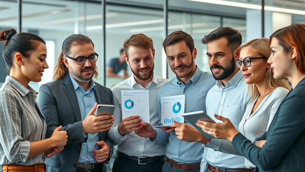 modern business team brainstorming digital marketing strategies, confident expressions, analyzing data on digital screens, Photorealistic High Fidelity office environment