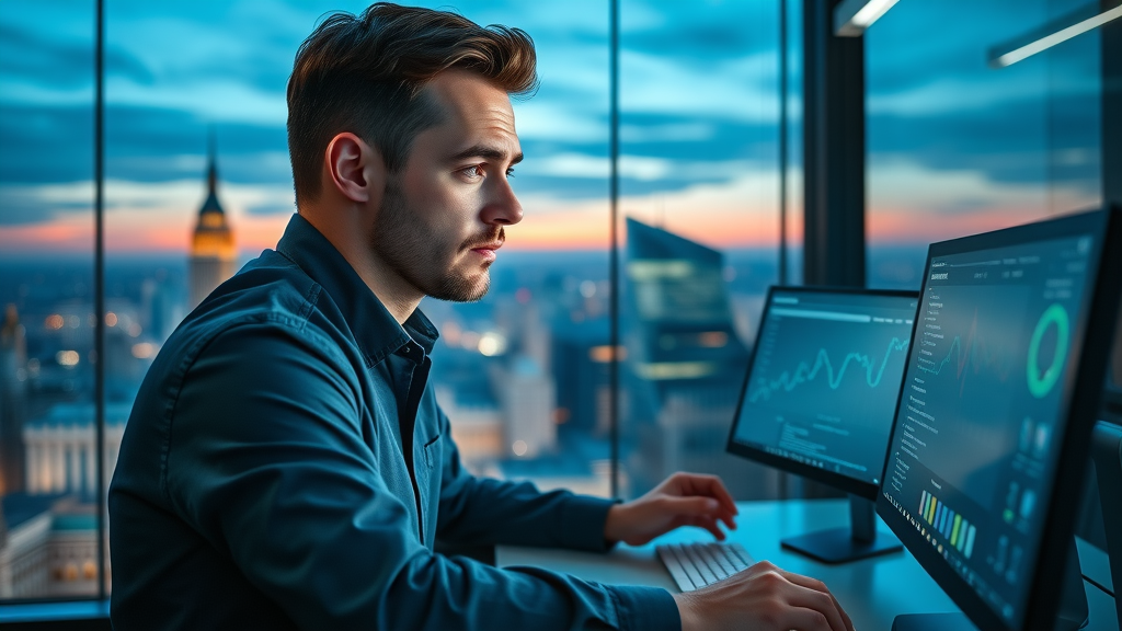 focused digital marketer analyzing social media marketing analytics dashboard in modern glass office