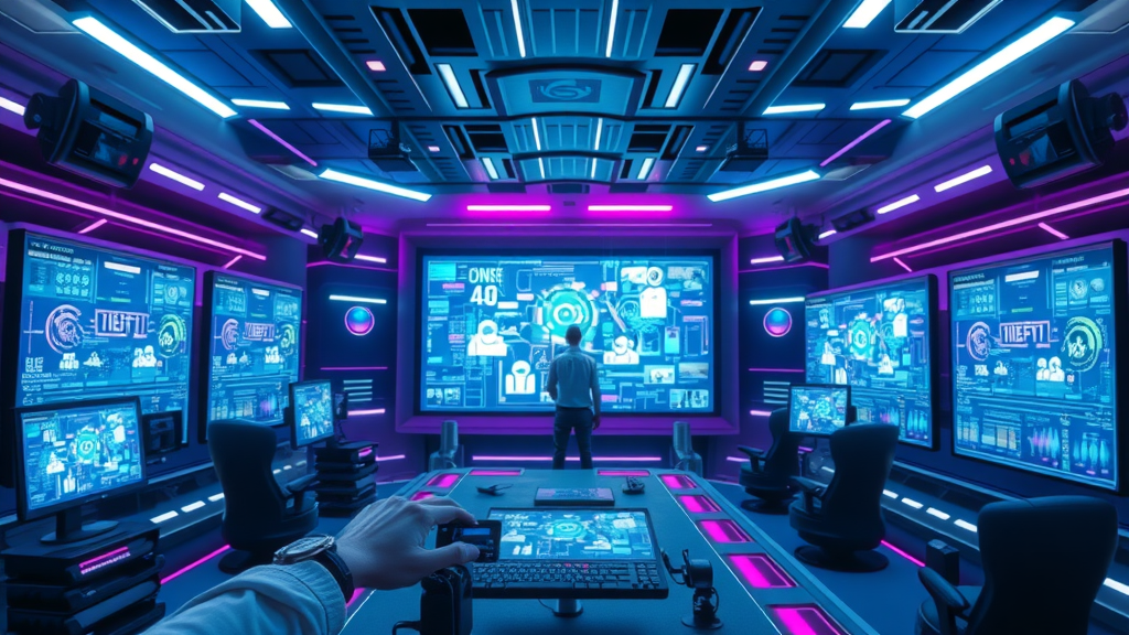 futuristic AI-powered interface distributing content across digital platforms