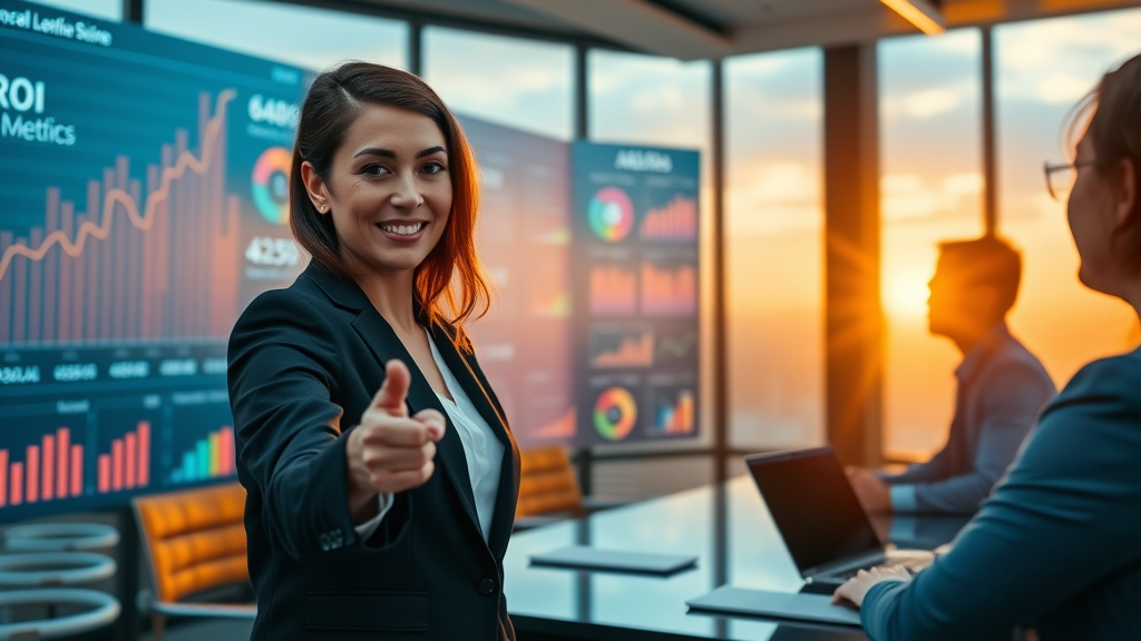 Businesswoman presenting reputation marketing ROI metrics to B2B leadership team