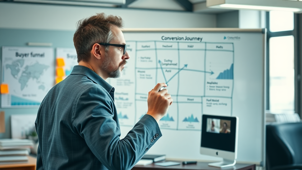 Experienced strategist mapping out buyer journey and conversion funnel on a digital whiteboard for B2B marketing strategies.