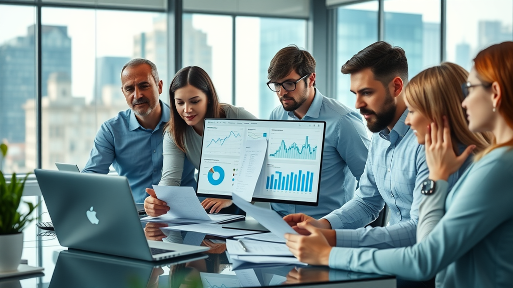 team analyzing data for social media advertising; marketing team reviewing media ad campaigns and analytics in a modern workspace; social media ROI