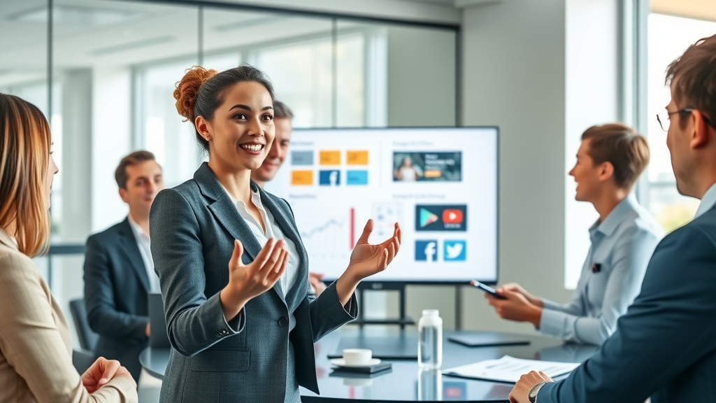 Businesswoman presenting B2B lead generation results through social media campaign workflow.