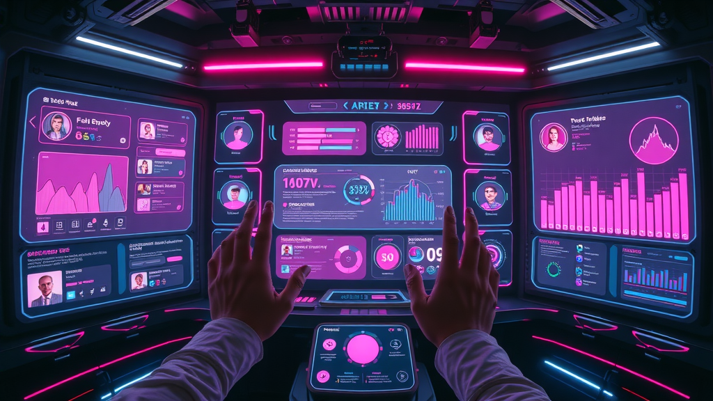 Futuristic social media dashboard with holographic feeds showing next-gen content marketing strategies