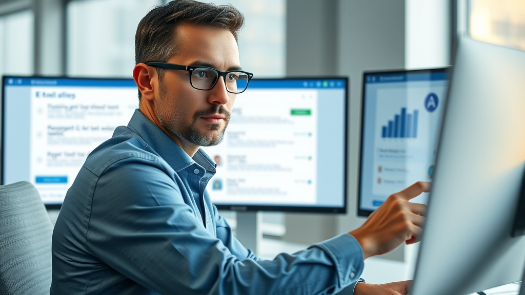Business professional reviewing B2B email marketing campaign emails in modern email inbox workspace