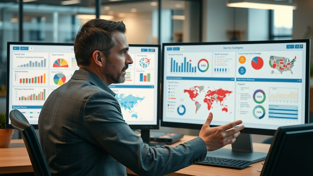 Business development leader reviewing B2B acquisition strategies for SMB and enterprise. Dual screens, contrasting outreach channels, modern office.