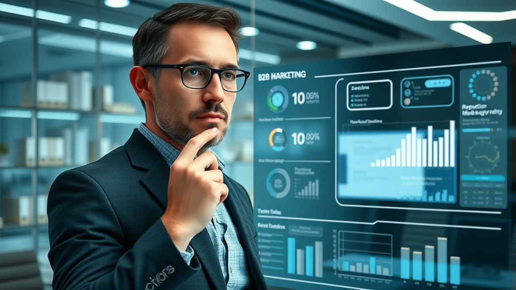 Strategic B2B marketer planning reputation marketing strategy on a digital board in a futuristic conference room