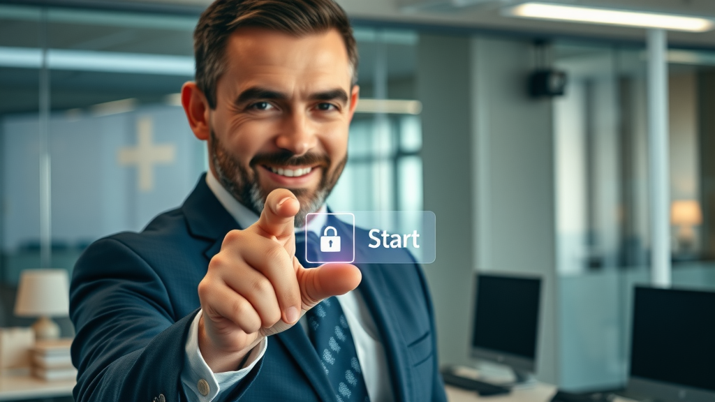 executive launching brand reputation initiative, pressing digital start button in a modern office