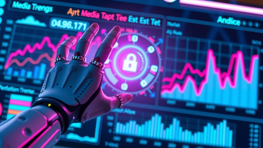 AI analytics tool - futuristic dashboard forecasting media analytics with robotic elements