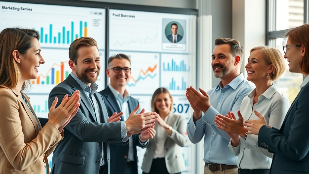 Innovative business team celebrates success after content marketing case study for B2B leads