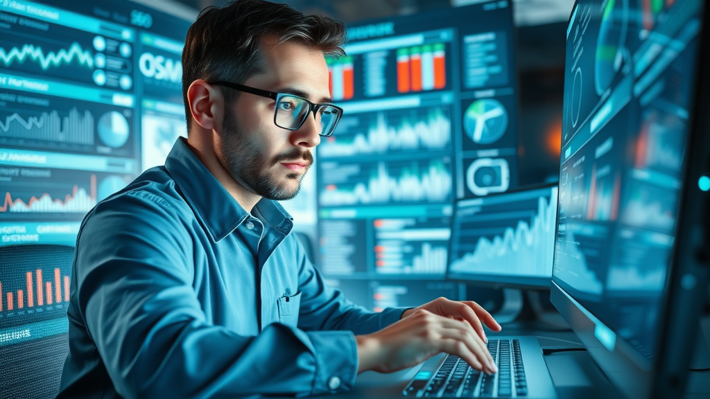 SEO specialist monitoring website analytics, digital marketing strategy, search engine optimization workspace