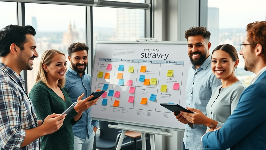 Diverse B2B team running strategy workshop with customer journey map and interactive whiteboard in modern space