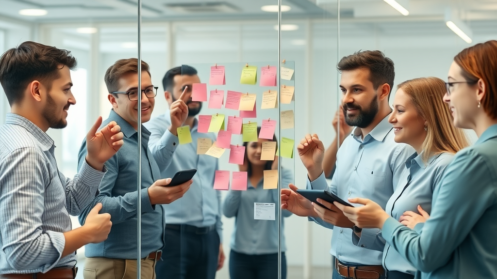 Marketing professionals developing B2B customer acquisition strategy. Brainstorming with sticky notes and digital devices in sleek office setting.
