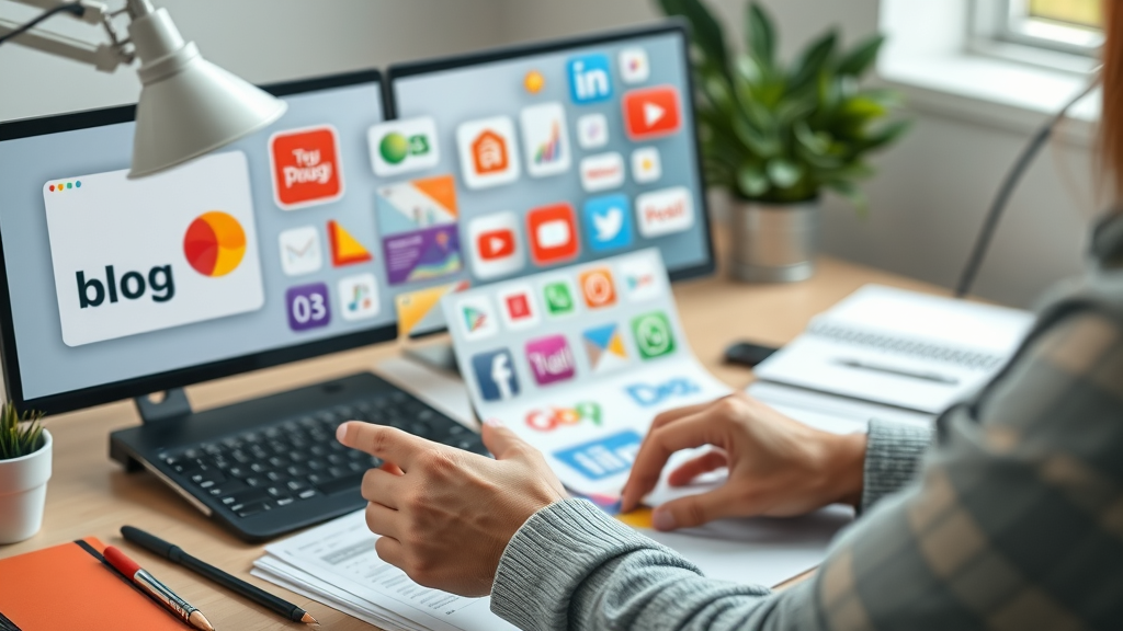 content marketing toolkit with strategist reviewing options for blog, social, video and email content