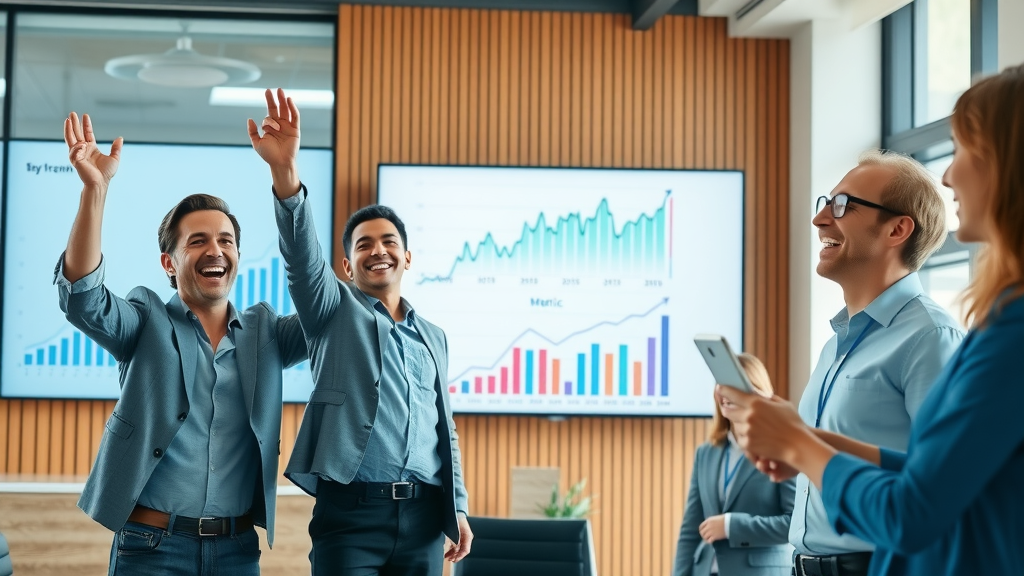 lead nurturing - Business development team celebrating lead nurturing and sales growth with email marketing automation for B2B