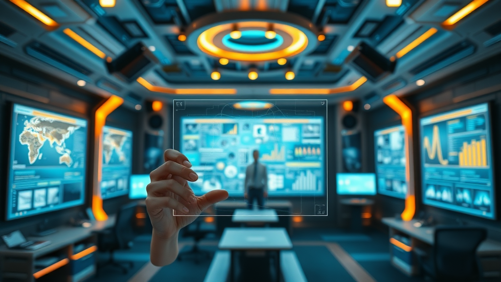 Content marketing strategy framework blueprint with glowing diagrams and digital screens in a modern office