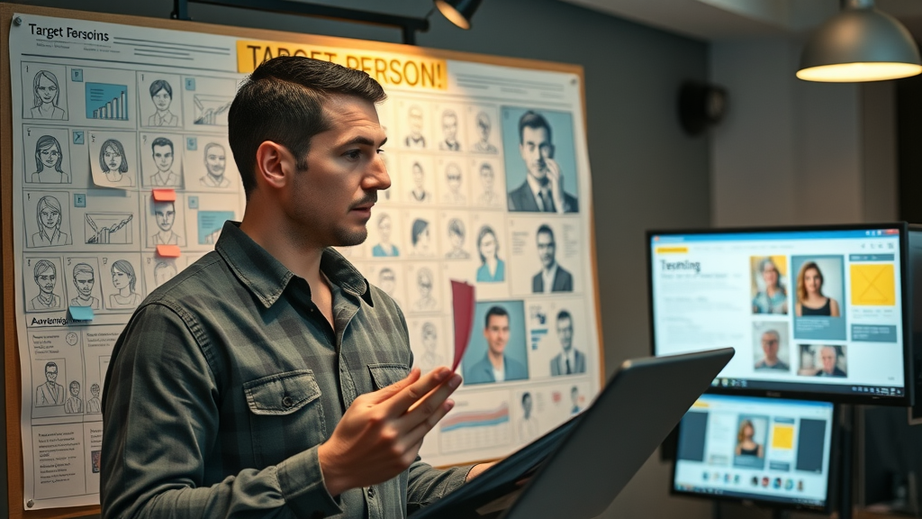 content marketer analyzing target audience profiles and demographic sketches