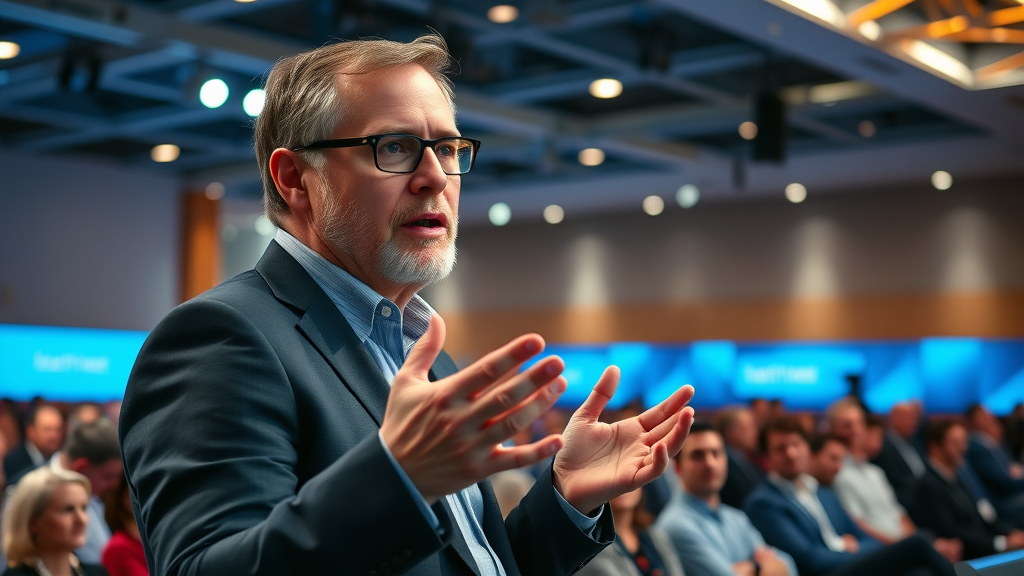 B2B thought leader presenting at conference building brand assets