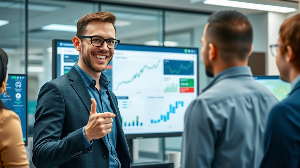 High-end CRM dashboard for modern business prospecting, demonstrated by a cheerful sales manager in a corporate office