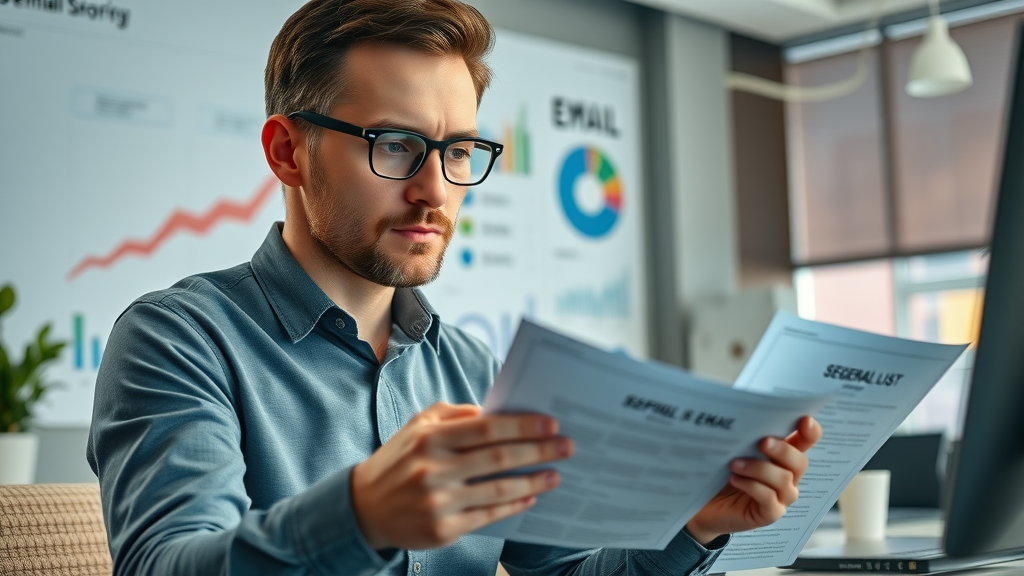 email marketing B2B: organized marketer segmenting email lists using analytical dashboards in a modern workspace