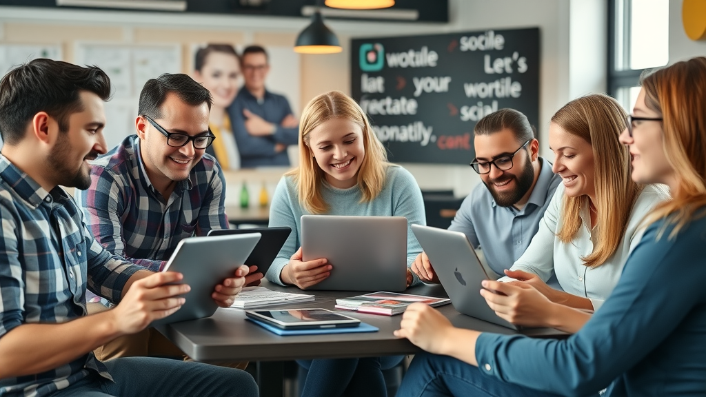 B2B marketing strategies - Marketing team brainstorming social media marketing campaigns in a collaborative, modern workspace.