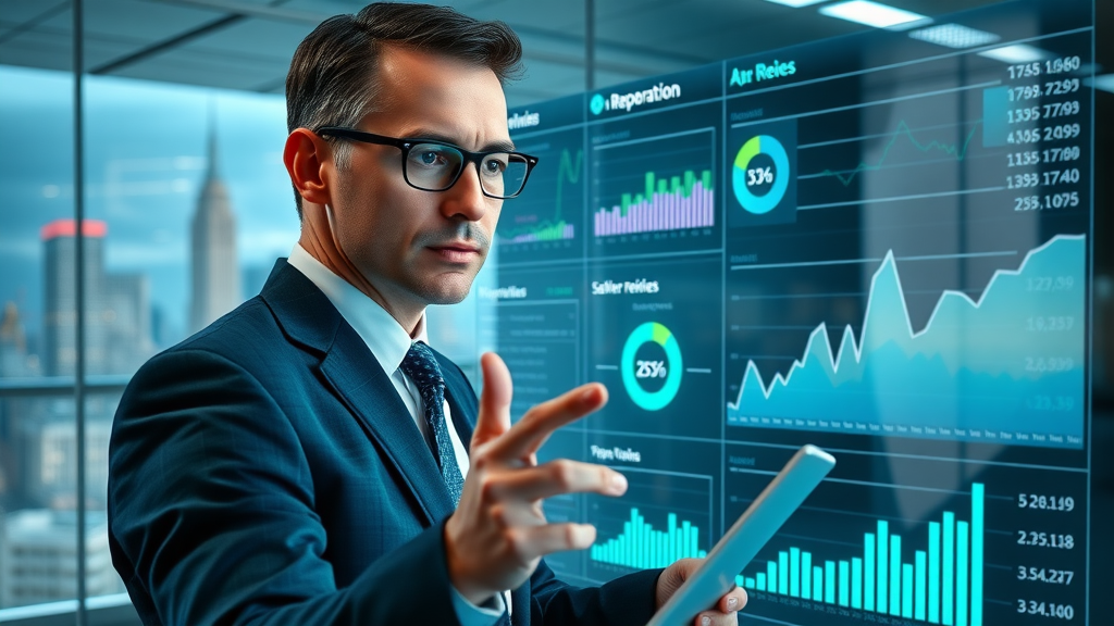 Business executive analyzing B2B online reputation metrics - brand reputation
